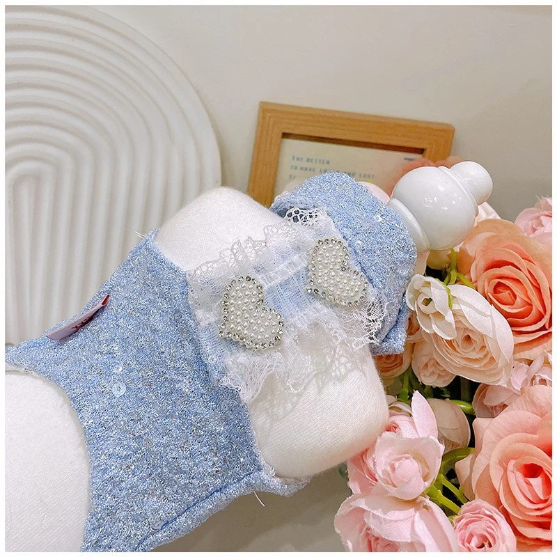 Pet malha retalhos pérola amor vestido de princesa vestido de lantejoulas teddy saia fofa colete roupas para cães designer roupas de cachorro - imagen 4