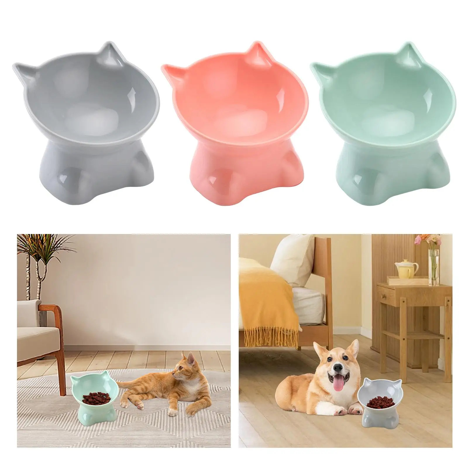 Raised Cat Bowl, Tilted Pet Feeder, Neck Protection Non Slip