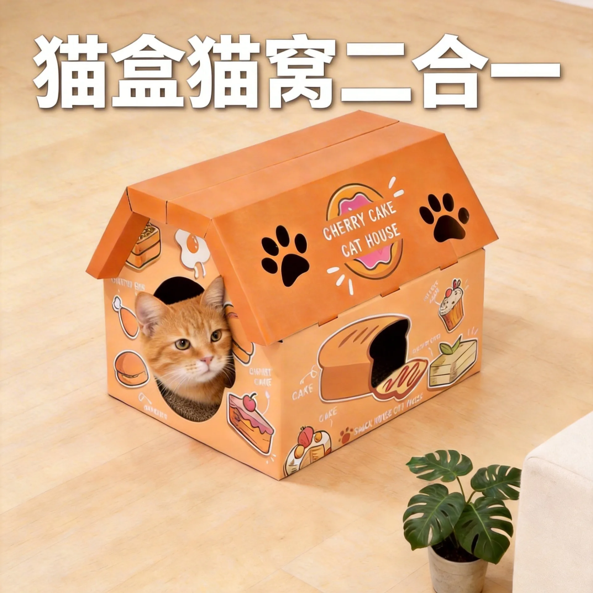 Casa de cartón para gatos 2 en 1 rascador cama cueva resistente - imagen 5