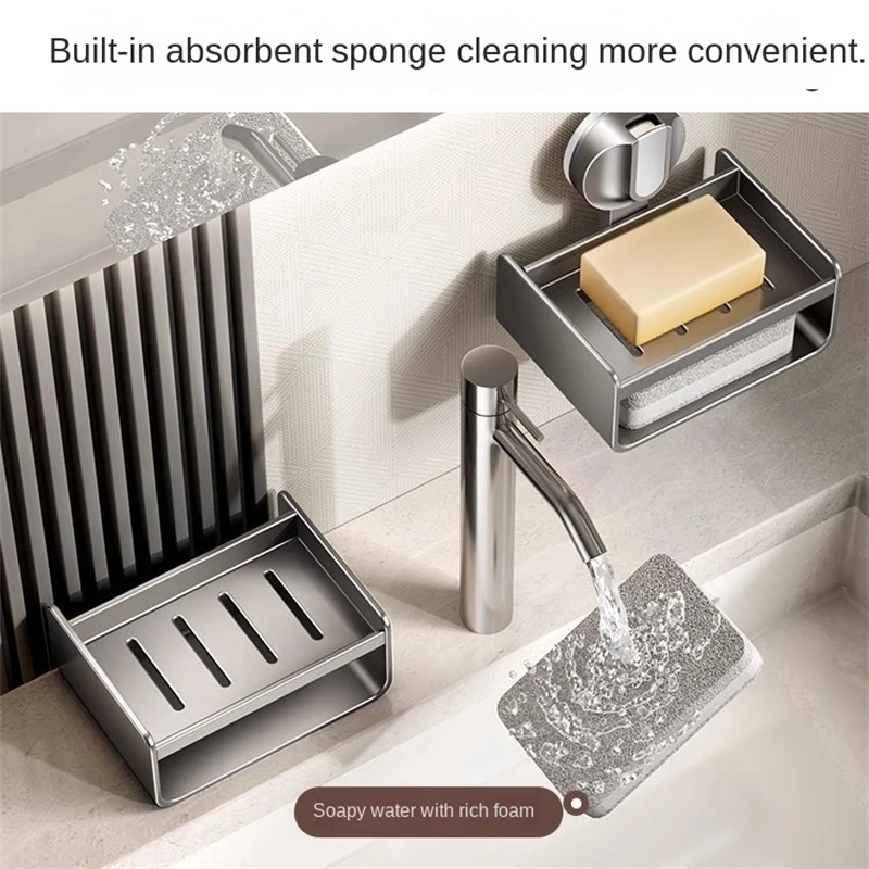 Estante de almacenamiento con ventosa sin taladro, soporte para jabón de baño, soporte para esponja y jabón montado en la pared, organizador, jabonera de doble drenaje - imagen 3