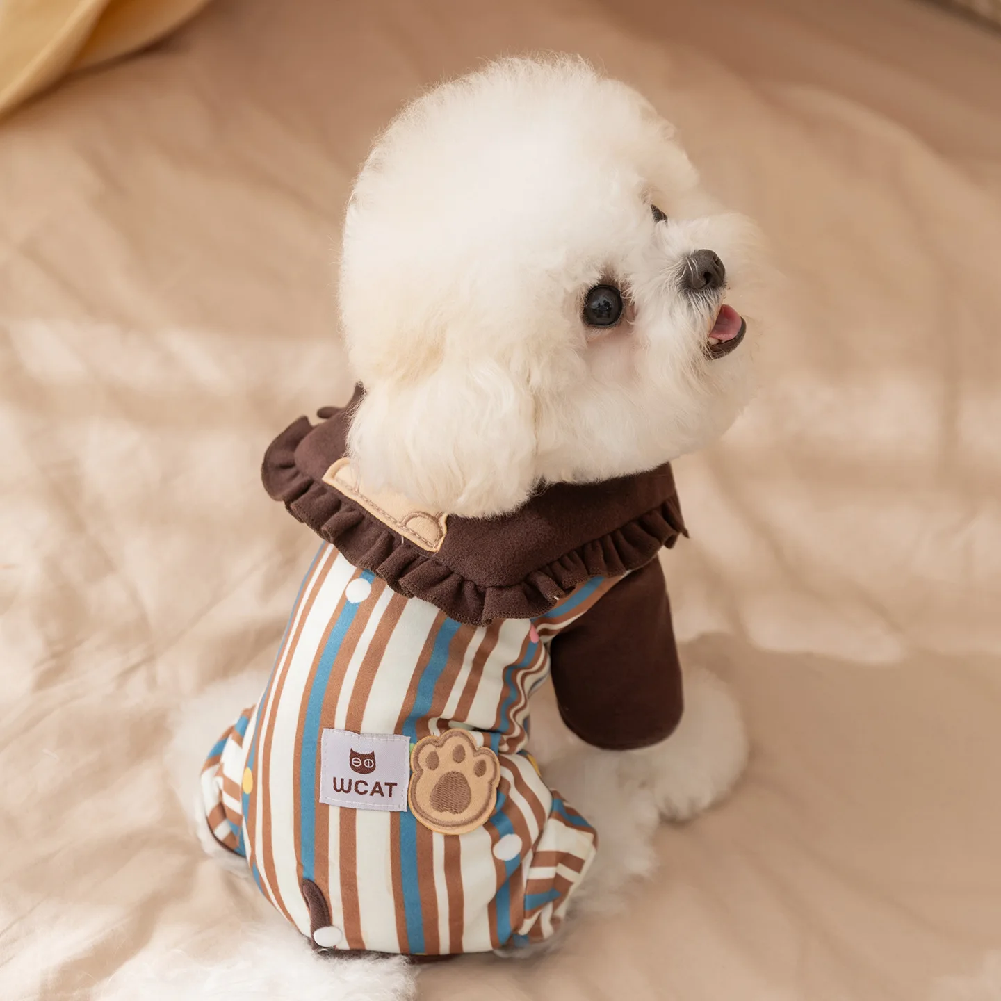 Otoño Invierno mascota cuello de encaje cuatro patas vientre ropa pijamas de invierno perro pequeño camisa inferior a rayas ropa para cachorros - imagen 2