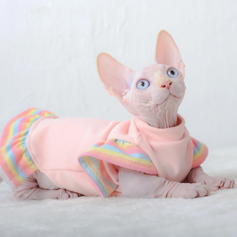 Ropa cálida de invierno para gatos, vestido de camiseta para gatos, camisas transpirables con mangas con volantes de arcoíris, jersey de algodón sin pelo para gatos Sphynx - imagen 2