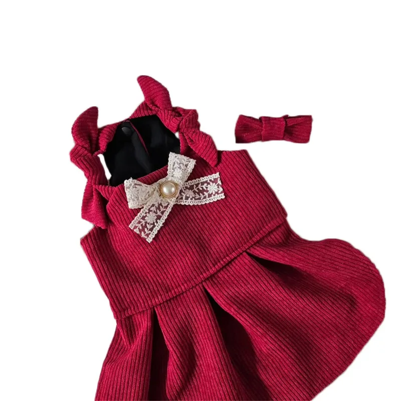 Lindo cachorro lazo rojo vestido con nudo para mascota conjunto invierno ropa cálida para perros mascota vestido de princesa de Navidad Teddy falda de Color sólido enviar Clip - imagen 5