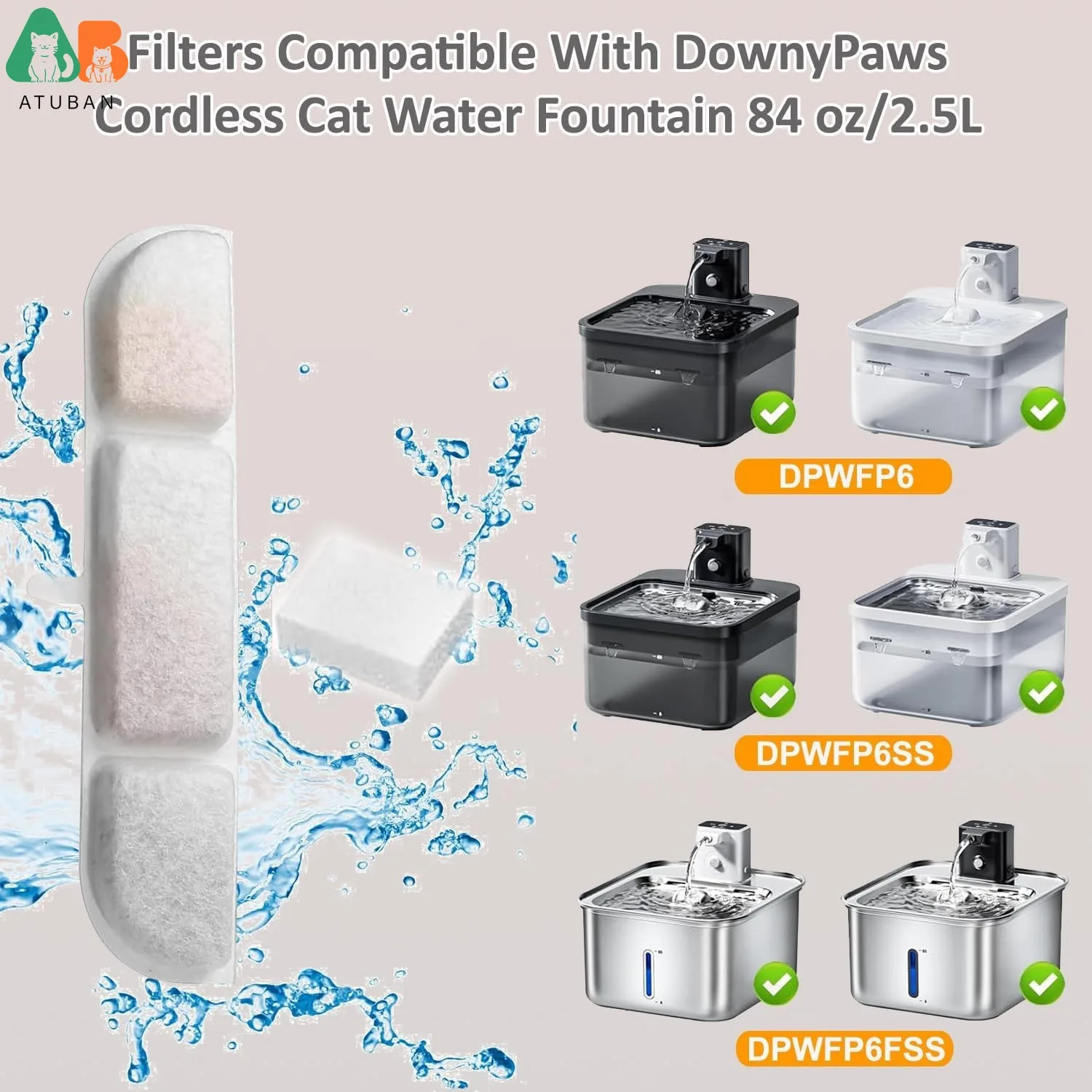 Filtros de repuesto compatibles con fuente de agua para mascotas Fursink, repuesto de filtro para fuente de agua para gatos Downy Paws de 84 oz/2,5 L - imagen 3