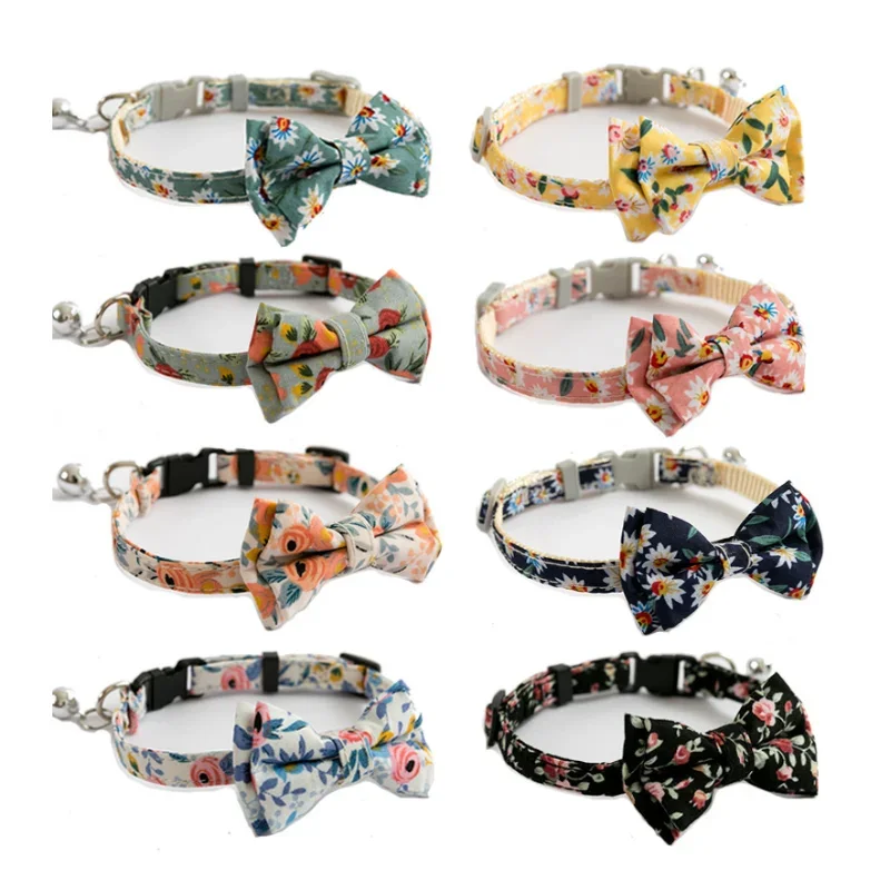 Tela con estampado de margaritas y girasoles, Collar de algodón para perro, pajarita para gato, correa para el cuello, lazo azul y rosa, bonito para perro pequeño y mediano