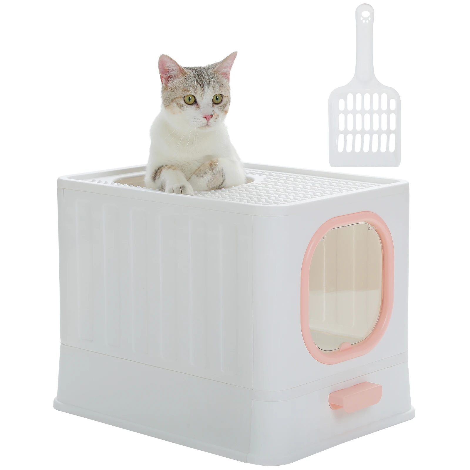 Caja de arena grande para gatos con tapa, caja de arena estándar con cuchara para arena para gatos, inodoro plegable para gatos para interiores, fácil de limpiar, parte superior abierta - imagen 3