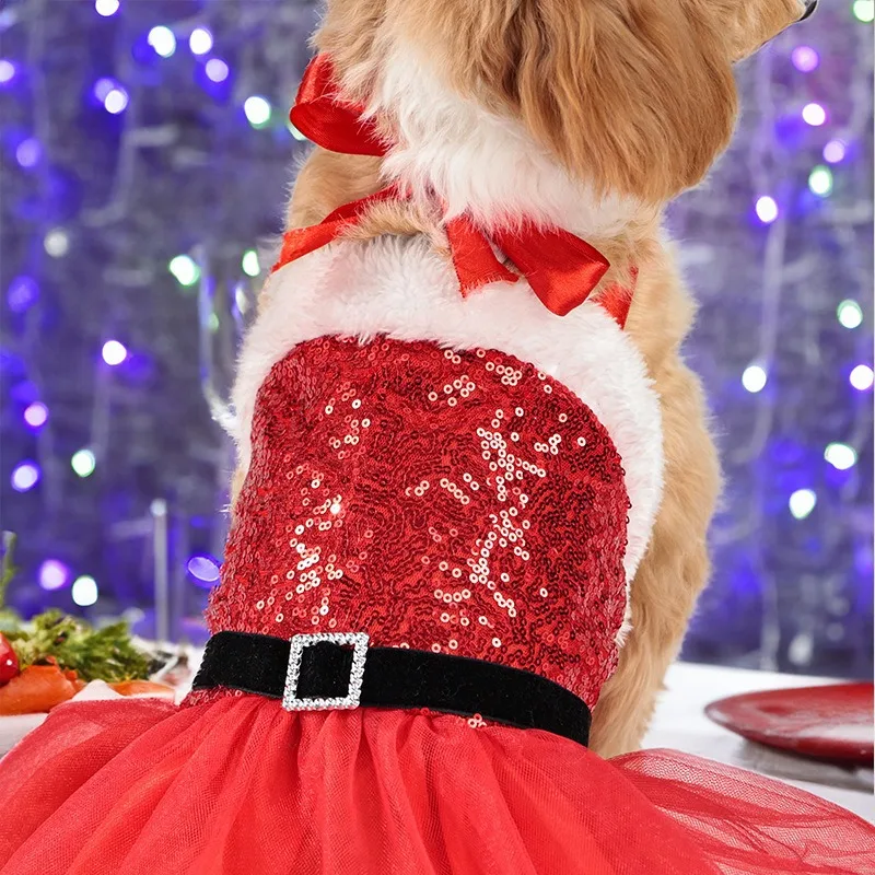 Falda navideña para perros, vestido de malla brillante con lazo, ropa para fiesta de Navidad para mascotas, ropa para perros pequeños, ropa para cachorros - imagen 4