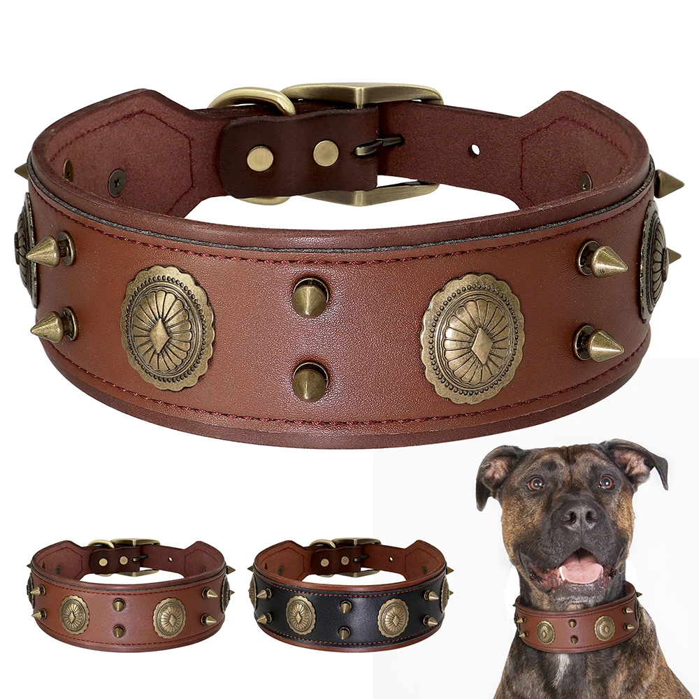 Geniue collar cuero tachuelas perro correa ajustable perros grandes medianos grandes pitbull - Vista principal del collar