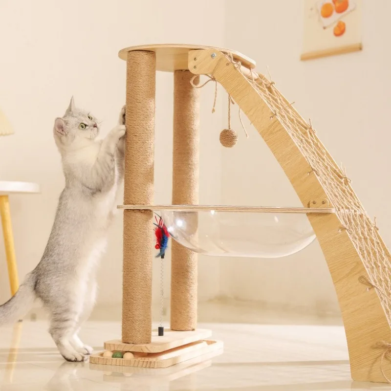 Árbol de madera para gatos con red de escalada, cama transparente para gatos, poste rascador, muebles estables para gatos, casa de juegos de actividades para gatos y gatitos de interior - imagen 5