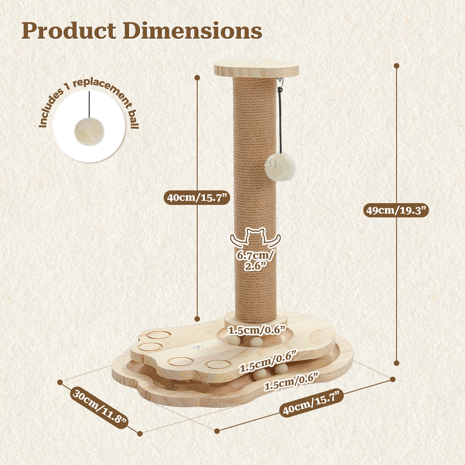Palo rascador para gatos pequeño y divertido, accesorios para gatos de doble capa con pista de bola rodante, bola colgante adecuada para gatos de interior, color beige - imagen 3
