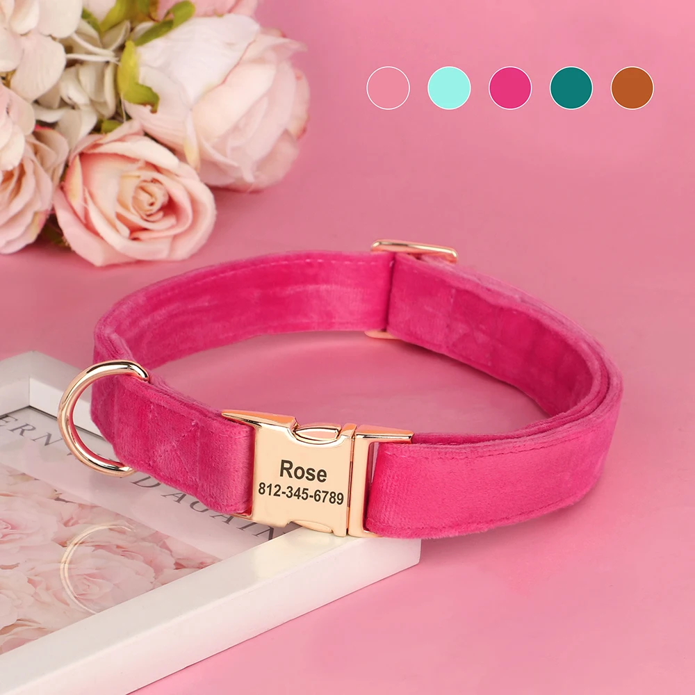 Collar de perro personalizado, collares de identificación de mascotas de piel suave, grabado gratis, hebilla para cachorros, collares con placa con nombre para Pug, Bulldog Francés, rosa - imagen 3