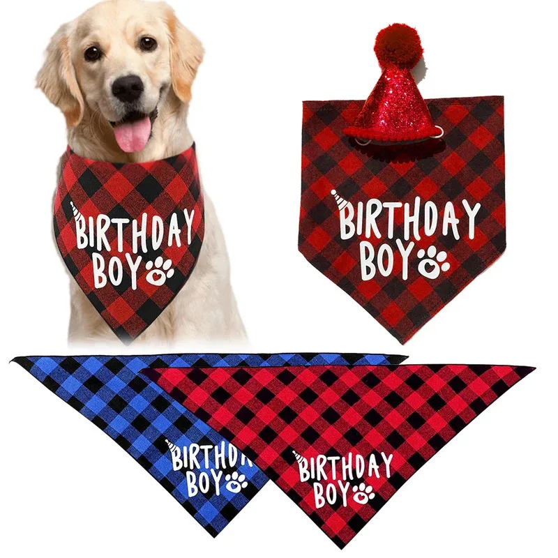 Conjunto de sombrero bandana para niño de cumpleaños de perro y gato, bonitos suministros de fiesta con estampado a cuadros, accesorio para sombreros de disfraz para celebración de cumpleaños - imagen 4