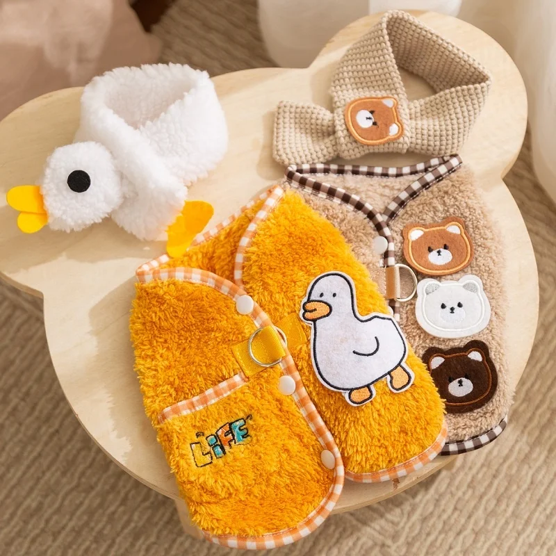 Chaqueta con patrón de dibujos animados para perro, abrigo, ropa cálida para perro con bufanda, abrigo suave de invierno para cachorro, chaleco para gato a la moda, chaqueta, abrigo para mascota, suministros - imagen 5