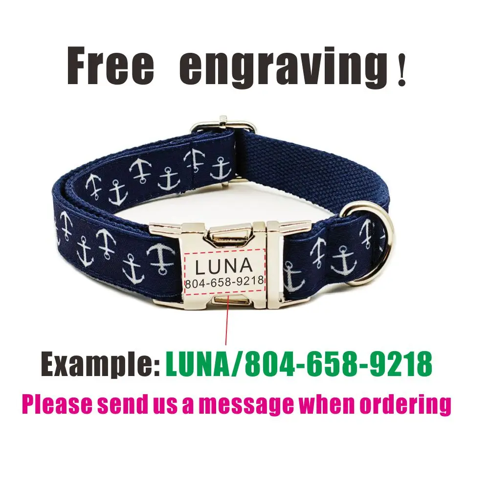 Collar de perro personalizado con grabado gratuito, correa para mascotas a juego, hebilla de Metal de contactos personalizados, Collar para mascotas con ancla azul marino - imagen 4