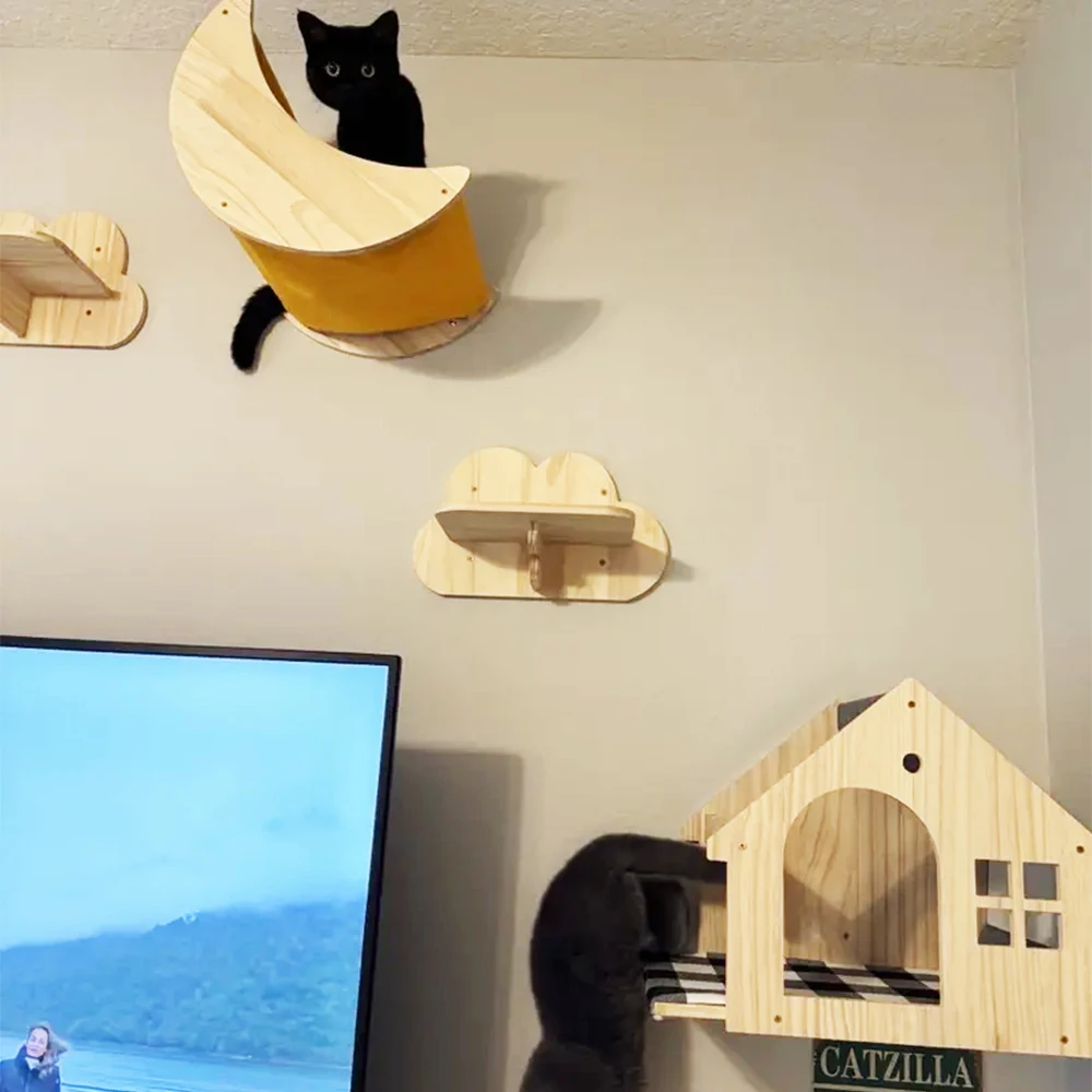 Estantes de pared para gatos con poste rascador de 4 escalones, cama tipo hamaca, muebles de escalada de madera para jugar en interiores, estante esquinero para escalar gatos - imagen 4