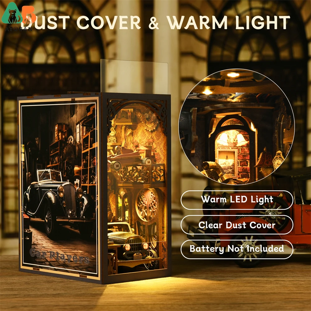 ATUBAN-Kit de rincón de libros para coche clásico F1, rompecabezas de madera DIY, decoración de estantería, modelo de casa de muñecas, sujetalibros, decoración de construcción, regalos - imagen 2