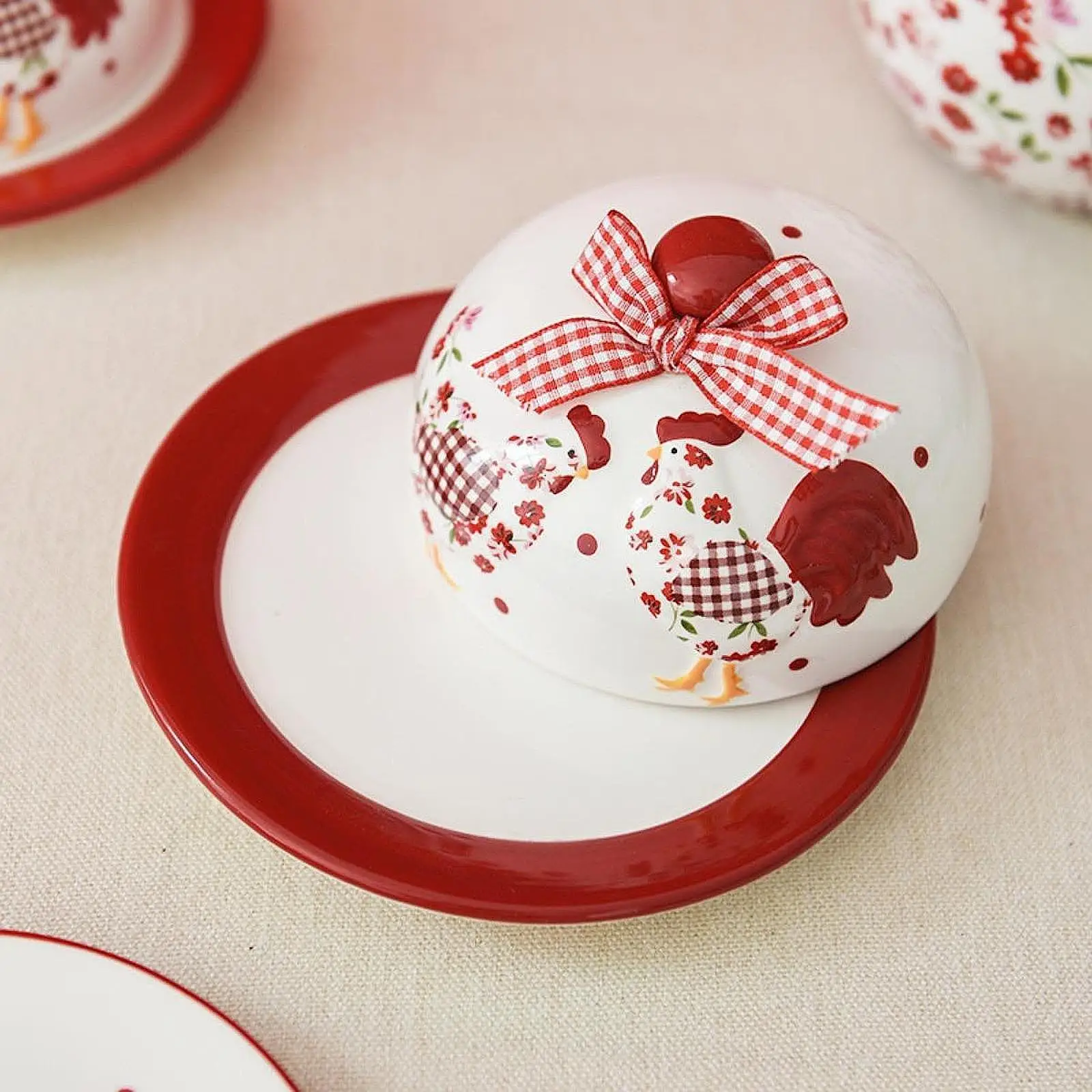 Dessert Tray Porcelain Plate Tableware Creative Utility Decorative Snack Cake Plate Red Floral Chicken Bowl for Hotel Home