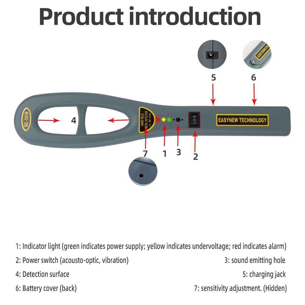 Detector de Metales portátil de GC-101H, instrumento de seguimiento de seguridad profesional, buscador de escáner de alta sensibilidad para puerto de aeropuerto - imagen 5