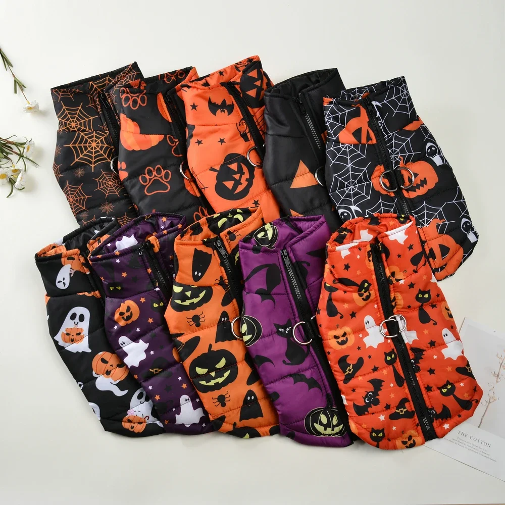 Disfraz de perro de Halloween, chaqueta cálida de otoño e invierno, ropa para perros pequeños y medianos, gatos, estampado de calabaza, abrigo divertido para cachorro con anillo en D - imagen 2