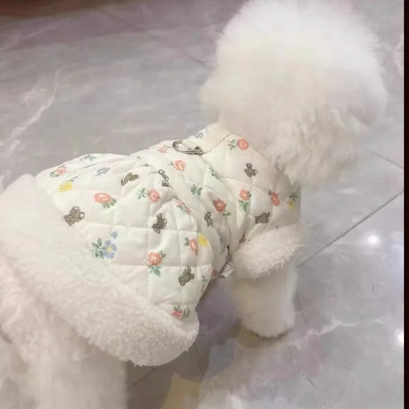 Ropa cálida de invierno para perros, vestido de algodón con flores de peluche para cachorros, abrigo grueso y cálido para pies de cachorro, cárdigan de moda para mascotas XS-XL - imagen 2