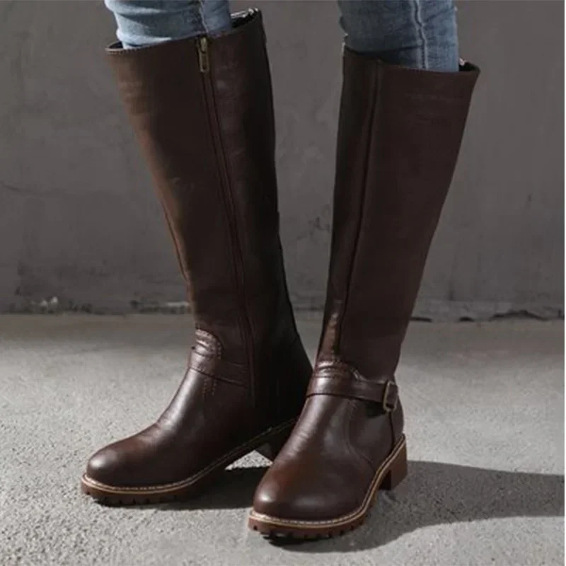 Botas hasta la rodilla de cuero con hebilla para mujer, botas largas de combate, zapatos de tacón bajo, talla grande 43 - imagen 4