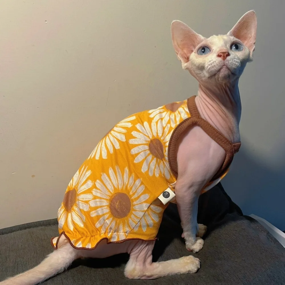 Falda con volantes de algodón suave de verano para gato sin pelo, camisola fina de estilo rústico con estampado de girasol amarillo dulce para gato Sphynx - imagen 2