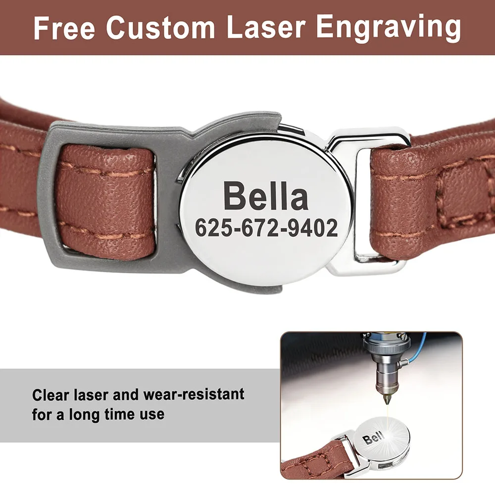 Collar de gato personalizado de cuero PU, Collar de seguridad para gato, ajustable, con placa de identificación grabada gratis, regalo de campana - imagen 3