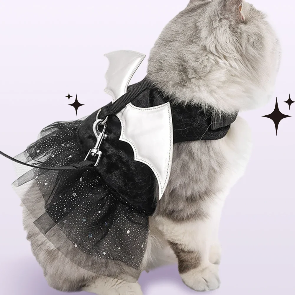 Vestido de Halloween con alas plateadas para perro y gato, arnés para cachorro, traje de Cosplay para perro pequeño, estilo gótico - imagen 4
