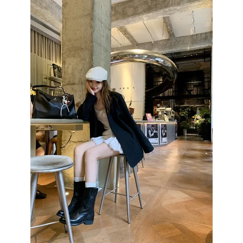 Botas de moto con muesca en V y cabeza redonda puntiaguda para mujer, versión de cuero, botas cortas de vaquero del oeste con tacón grueso - imagen 4