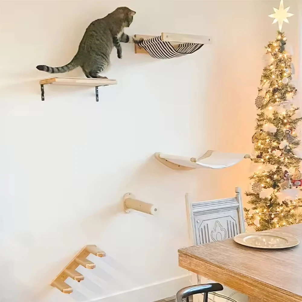 Hamaca Camas para gatos montadas en la pared Paredes de madera para gatitos Muebles Árbol de actividades para gatos con postes rascadores para dormir y jugar - imagen 5
