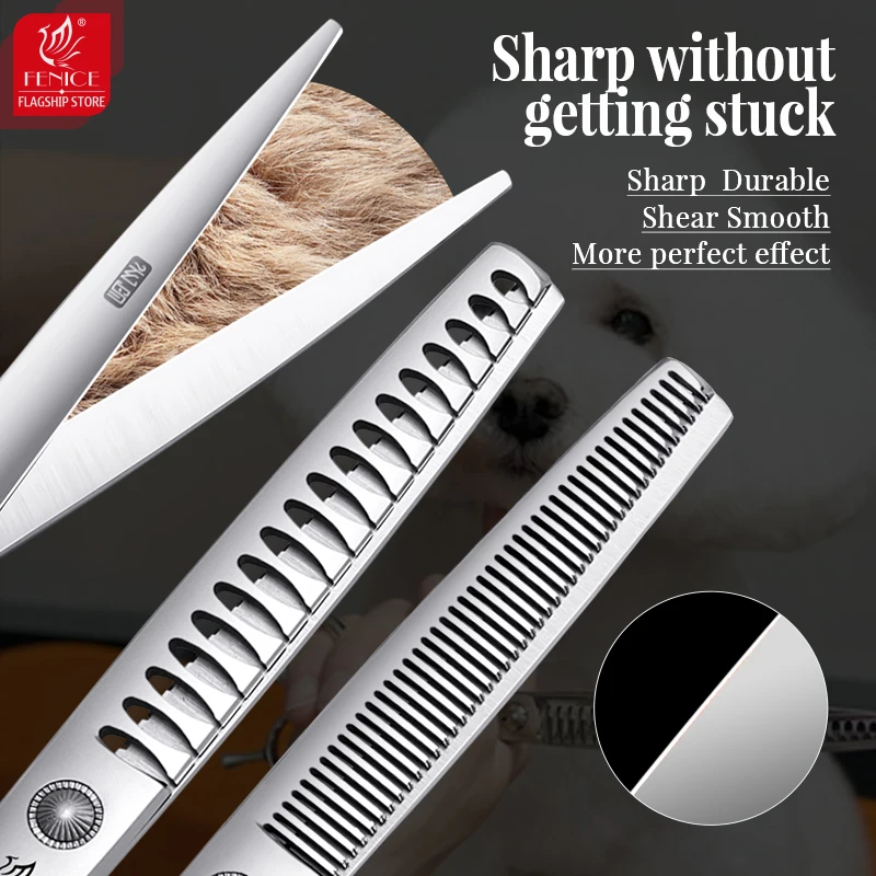 Fenice-Juego de tijeras profesionales para el cuidado de perros, 6/6,5/7/7,5 pulgadas, rectas, curvas, más finas y gruesas y recogedor - imagen 4