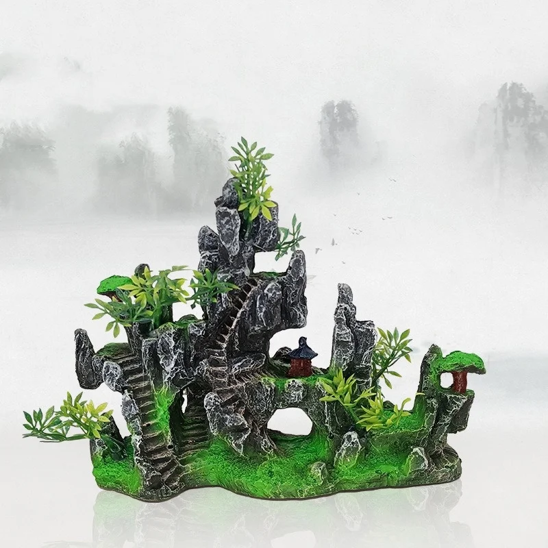 1 Uds nuevo acuario montaña rocalla paisaje vista decoración colina colgante puente vista ornamento resina pecera decoración grande - imagen 4