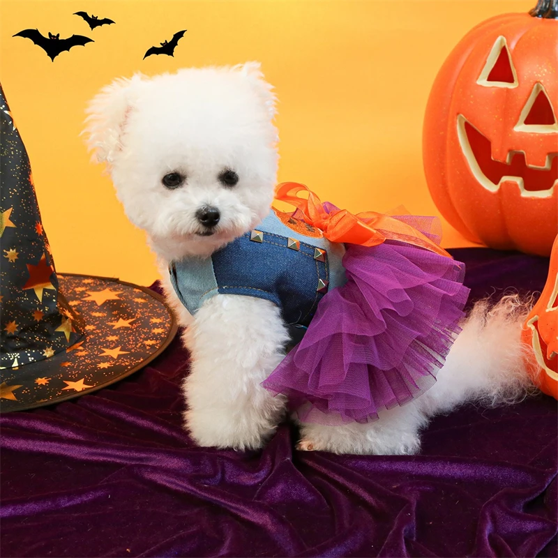 Disfraz de Halloween, ropa York para perros pequeños y medianos, vestido de niña con encaje en capas de calabaza aterradora, monos vaqueros para fiesta y Festival para mascotas - imagen 3