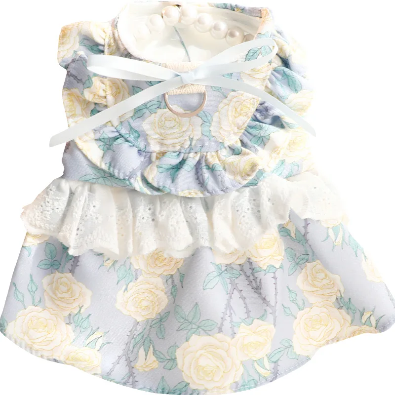 Vestido de princesa fino de primavera y verano, ropa con estampado Floral, falda con volantes y anillo en D para perros pequeños - imagen 5