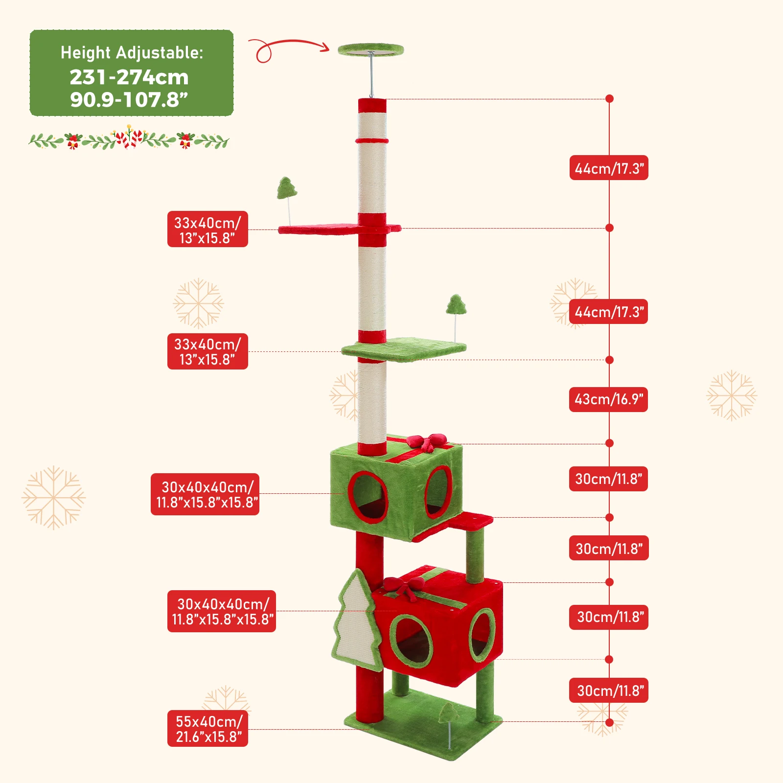 Árbol para gatos de Navidad de piso a techo de 231-274CM, torre para gatos del Festival de Navidad con condo rojo, poste para rascar cubierto de Sal para gatos - imagen 2