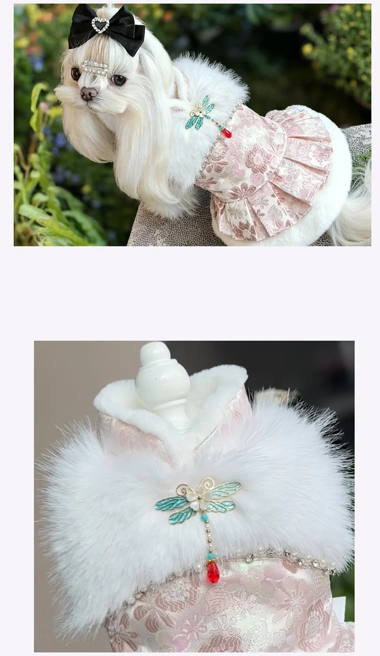 Vestidos de invierno de estilo chino para perros pequeños, vestido de princesa de piel esponjosa para perros, vestido de boda para mascotas, ropa Formal para fiesta de cumpleaños para cachorros - imagen 4