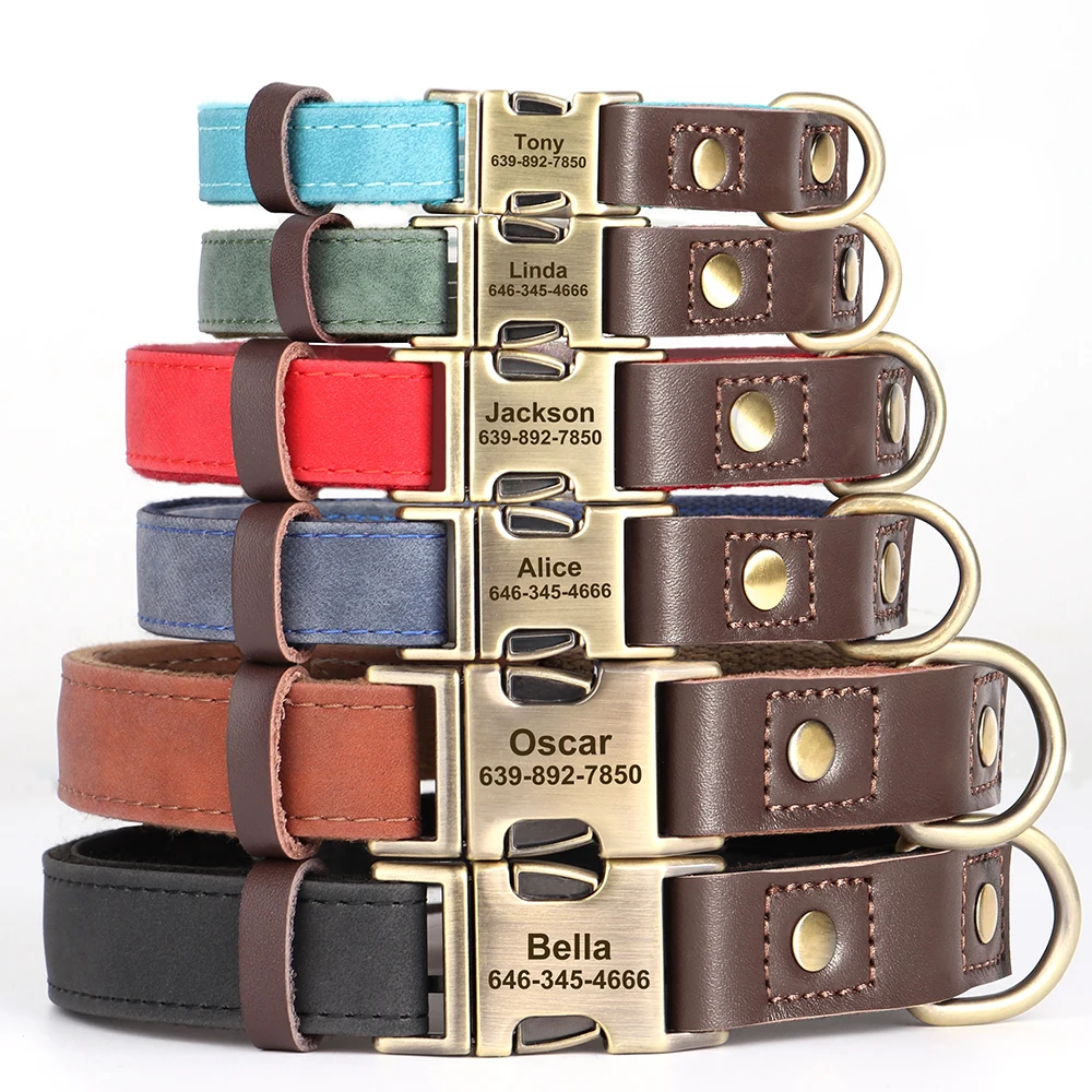 Collar de perro grabado personalizado, collares de nailon de cuero PU con hebilla para perro, Collar personalizado para mascotas para perros pequeños y medianos, Pitbull Pug - imagen 2