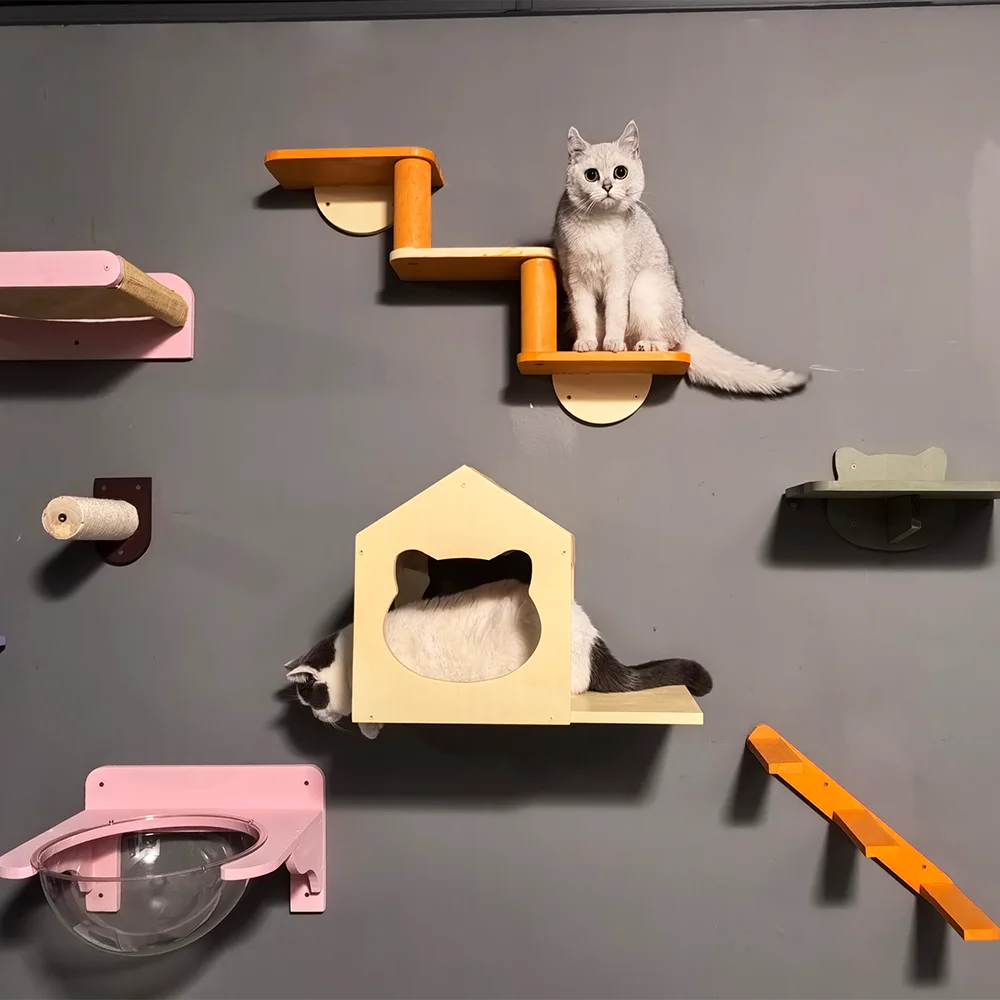 Estantes de pared para gatos con poste rascador de 4 escalones, cama tipo hamaca, muebles de escalada de madera para jugar en interiores, estante esquinero para escalar gatos - imagen 2