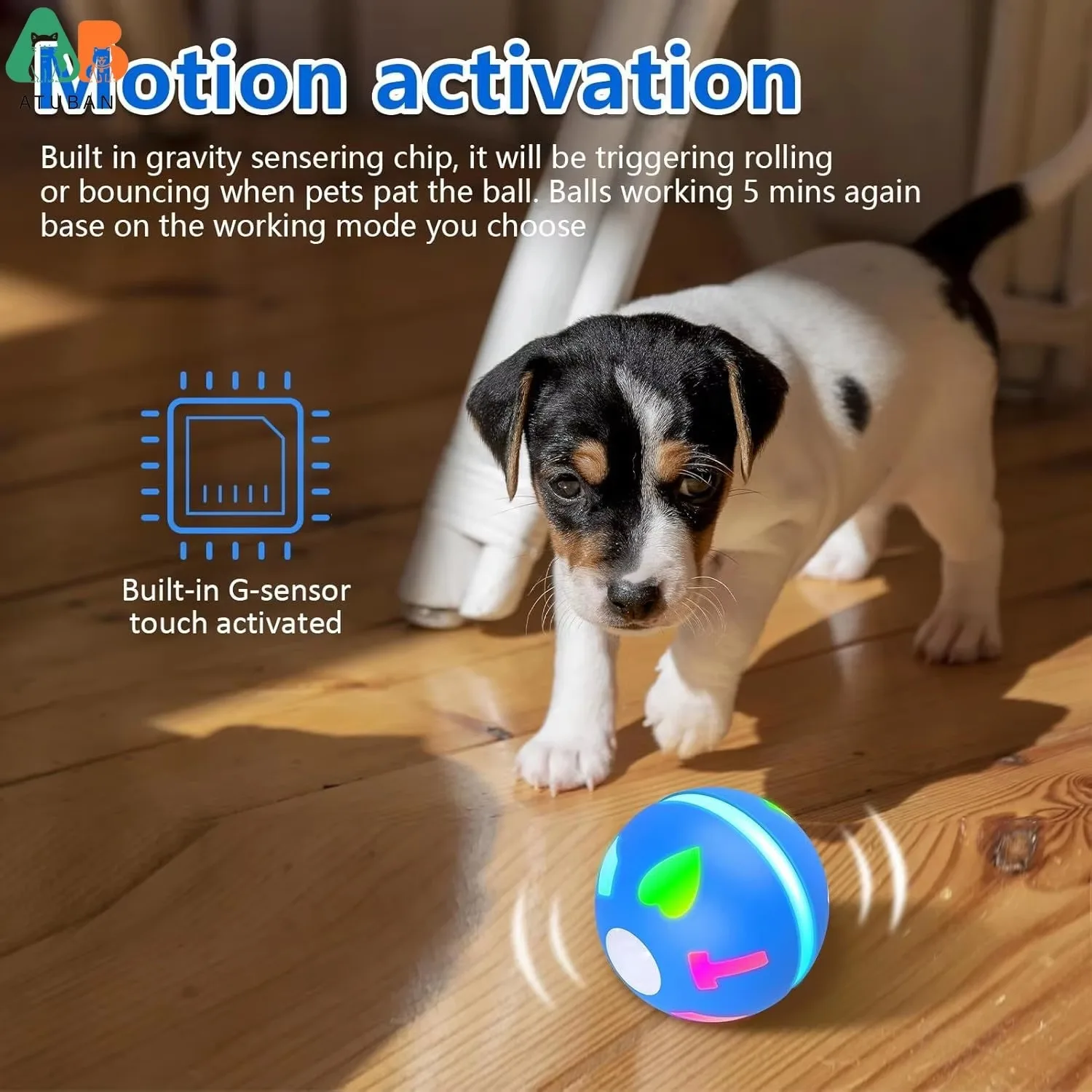 ATUBAN-juguetes interactivos para perros y gatos, bolas eléctricas inteligentes con activación por movimiento, recargable por USB, para cachorros medianos y pequeños - imagen 3