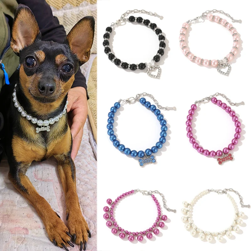 Collar con diamantes de imitación ostentosos para cachorros y perros, colgante de perlas de lujo, collares para mascotas para perros pequeños, accesorios para mascotas maltés