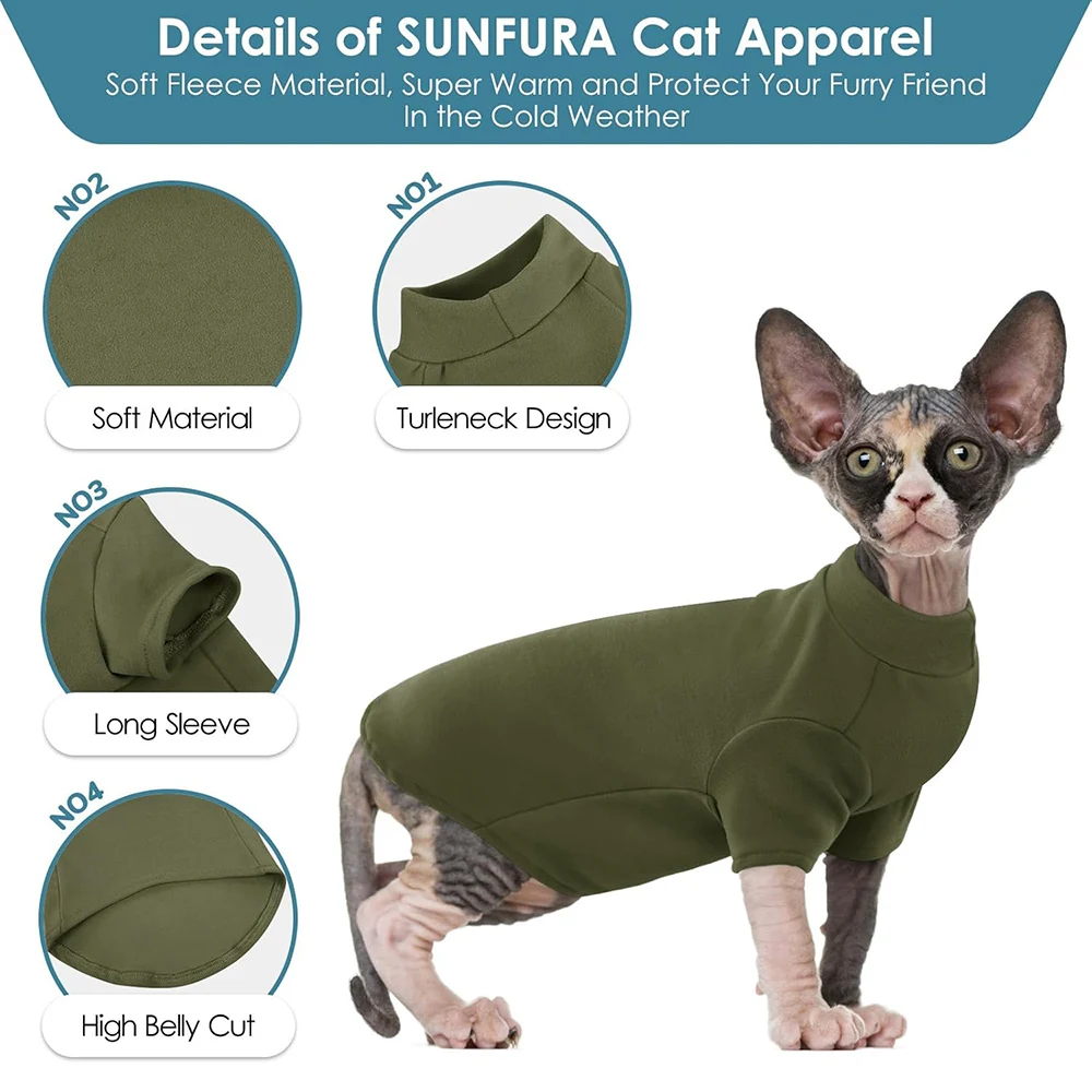 Suéter de cuello alto para gatos Sphynx, camisa sin pelo, suéteres para gatos con mangas, jersey de gatito cálido y suave, pijamas de invierno de forro polar - imagen 2