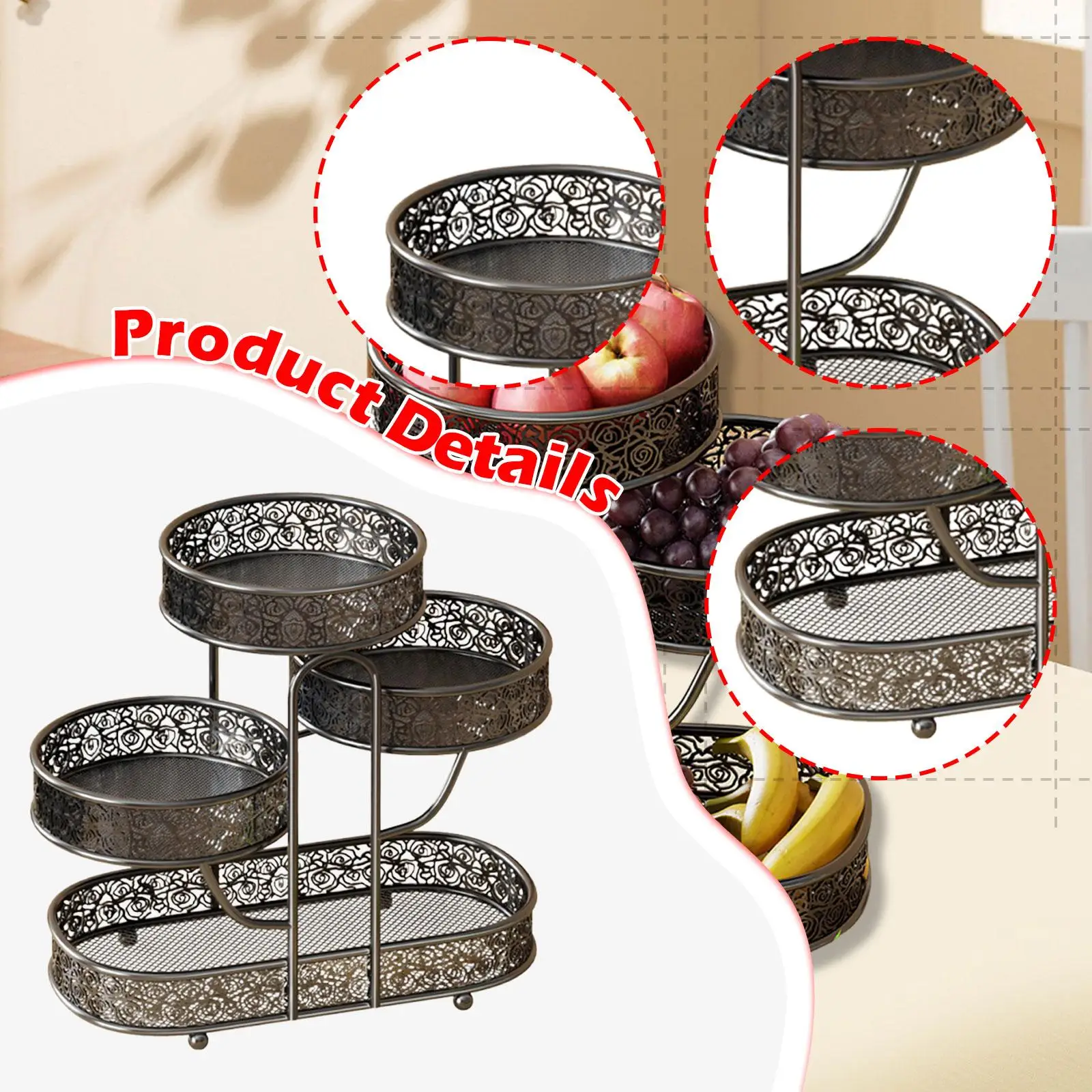 Cesta de frutas de Metal de 4 niveles, organizador de aperitivos multiusos de gran capacidad para encimera de cocina, estante de almacenamiento de verduras de 40x20x40cm - imagen 5