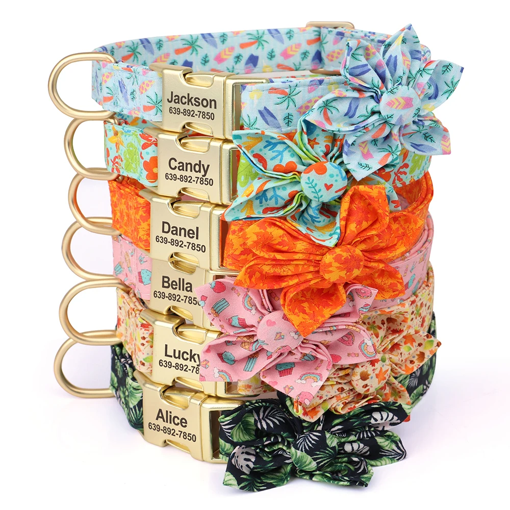 Collar de perro personalizado en 6 colores, collares de nailon con estampado de moda para mascotas con placa de identificación grabada sin flores para perros pequeños, medianos y grandes - imagen 2