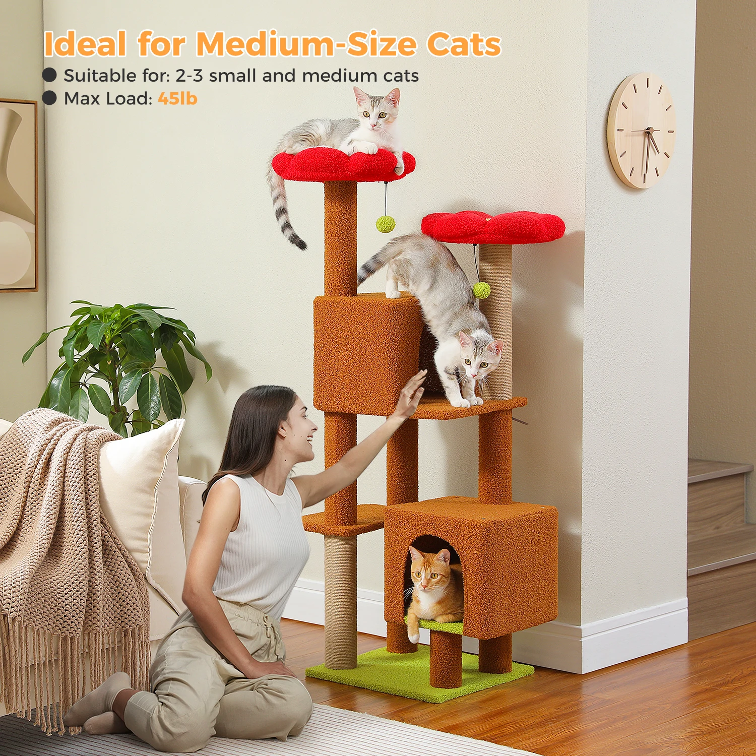 Árbol rascador multinivel para gatos con casas, postes sisal y perchas - imagen 4