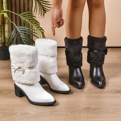 Bota básica informal para mujer, prendas de vestir exteriores a media pantorrilla, otoño e invierno, nuevo estilo, Nudo de mariposa peluda, botas simples de moda para mujer