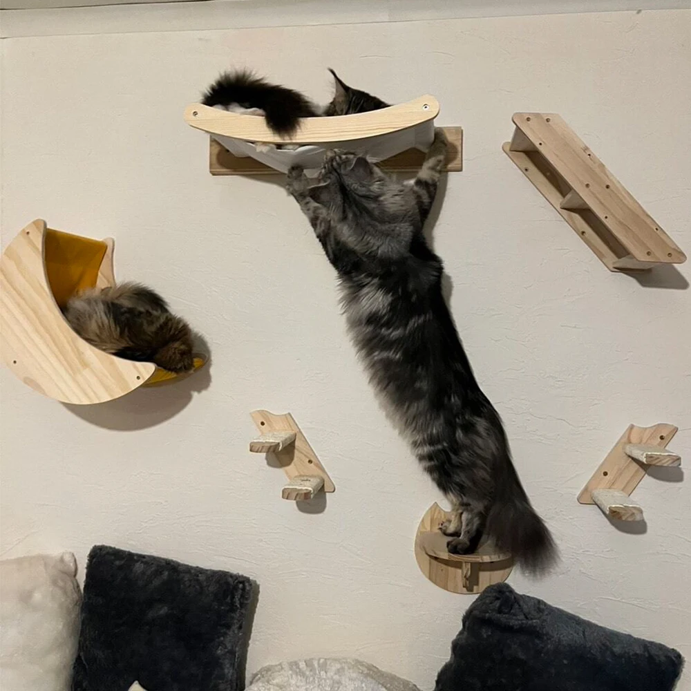 Árbol de Sisal montado en la pared para gatos, poste para rascar, hamaca de descanso, juego de escalera de madera maciza y Pedal para gatos, muebles para mascotas de interior - imagen 5