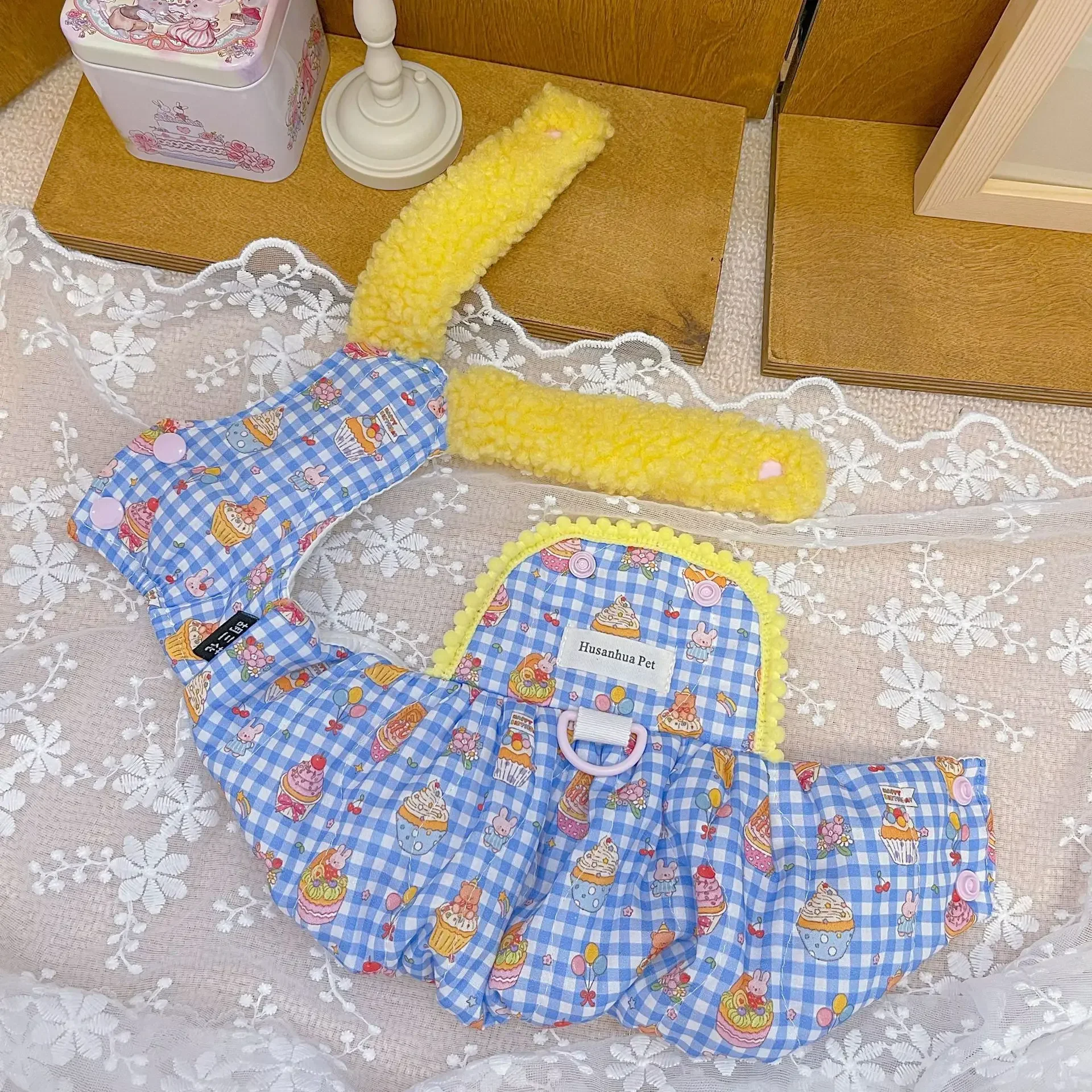 Ropa de grupo de calabaza a cuadros para mascotas, Falda de algodón con forma de calabaza para pastel de otoño e invierno, puede tirar de perros de peluche, falda bonita para pastel - imagen 3