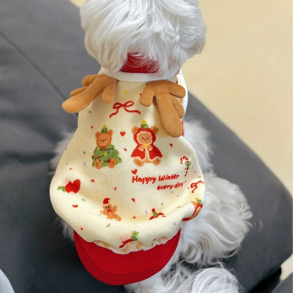 Falda de burbujas de alce para otoño/invierno para mascotas, camisa de fondo rojo para mascotas de Navidad, ropa para el hogar para cachorros pequeños, ropa para cachorros - imagen 2