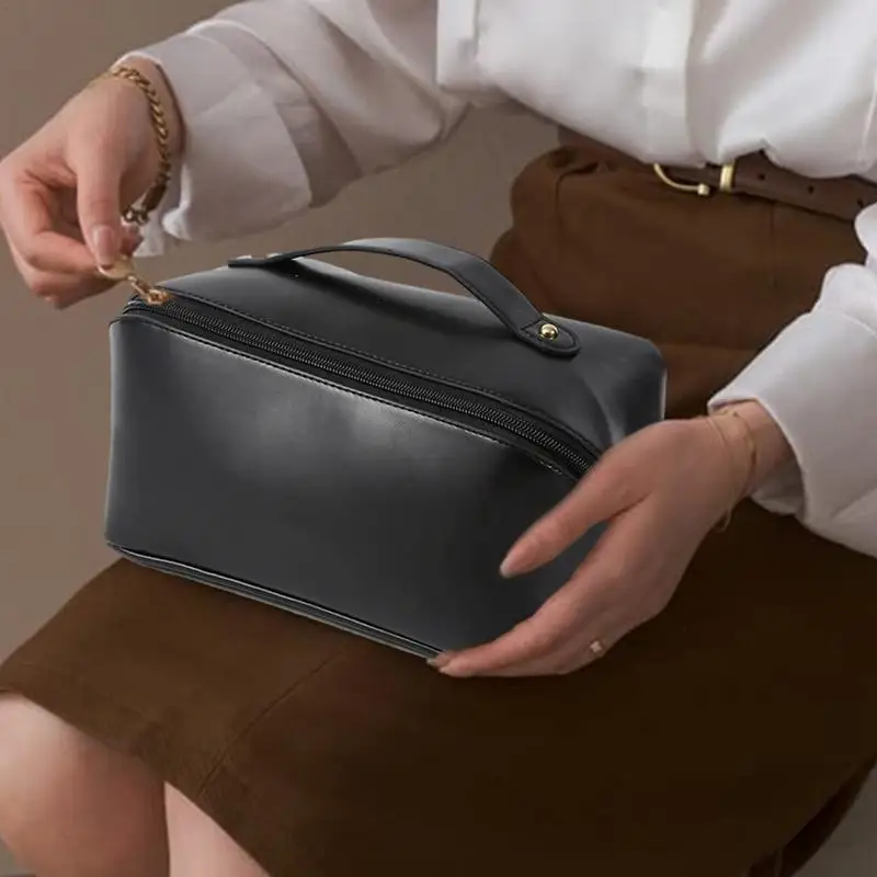 Bolsa de maquillaje de gran capacidad, bolsa de maquillaje de cuero impermeable, bolsa de maquillaje, bolsa organizadora de viaje versátil con cremallera para accesorios - imagen 3