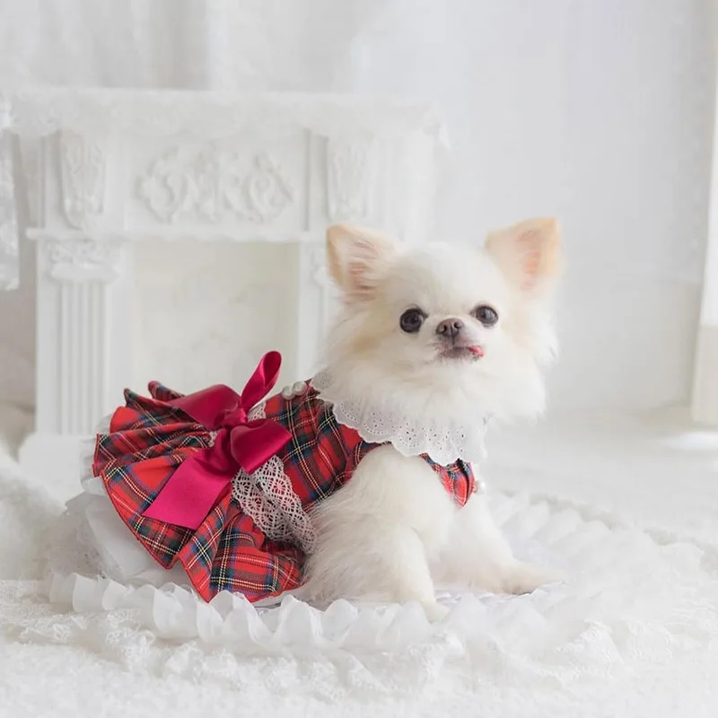 Conjunto de falda y vestido de perro de lana a cuadros: ropa navideña de invierno con correas ajustables, ribete de encaje cálido para cachorros de Yorkie Chihuahua - imagen 3